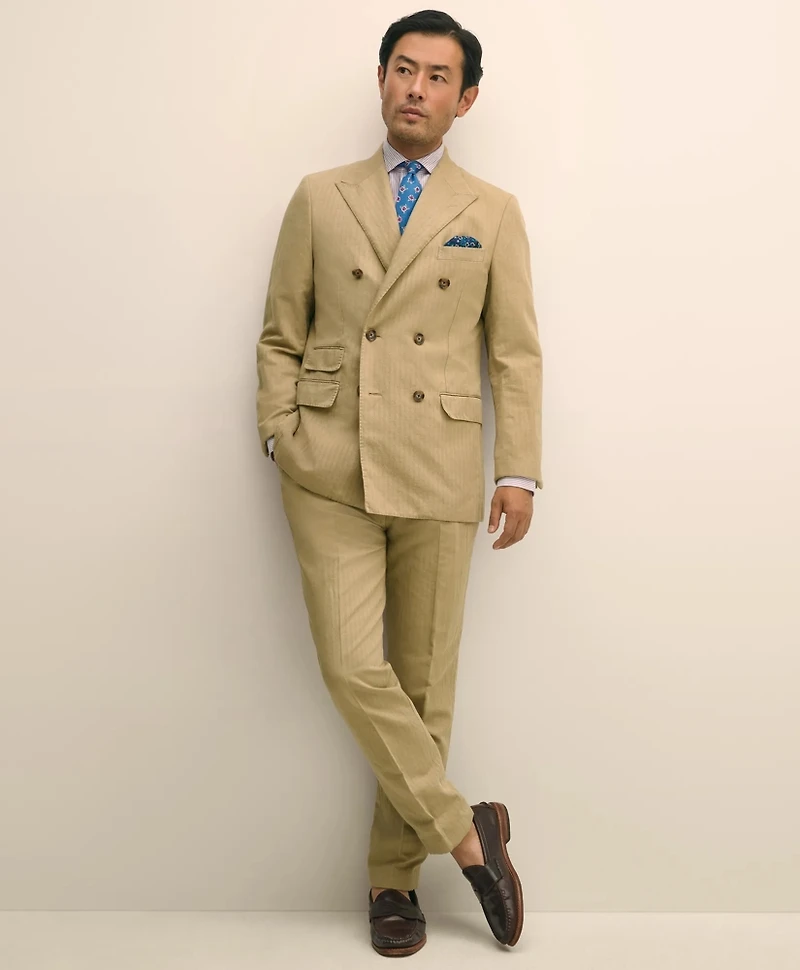 Slim Fit Cotton-Linen Herringbone Single-Pleat Suit Pants