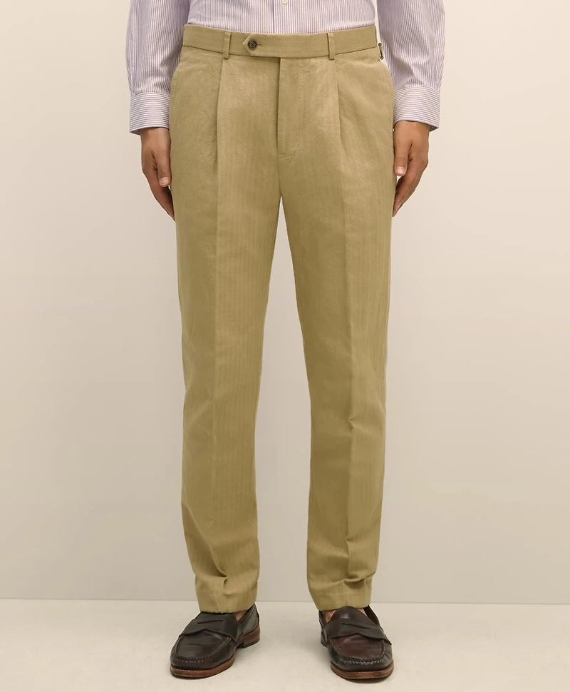 Slim Fit Cotton-Linen Herringbone Single-Pleat Suit Pants