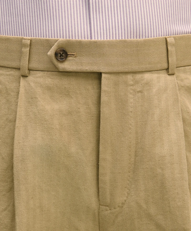 Slim Fit Cotton-Linen Herringbone Single-Pleat Suit Pants