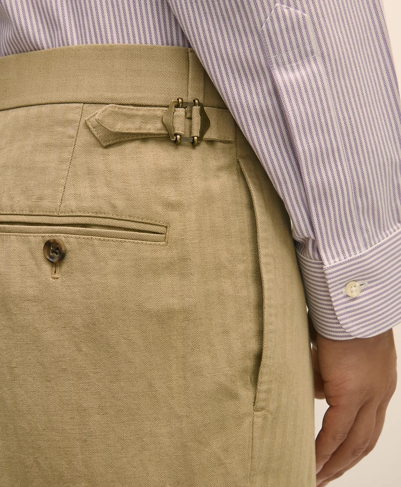 Slim Fit Cotton-Linen Herringbone Single-Pleat Suit Pants