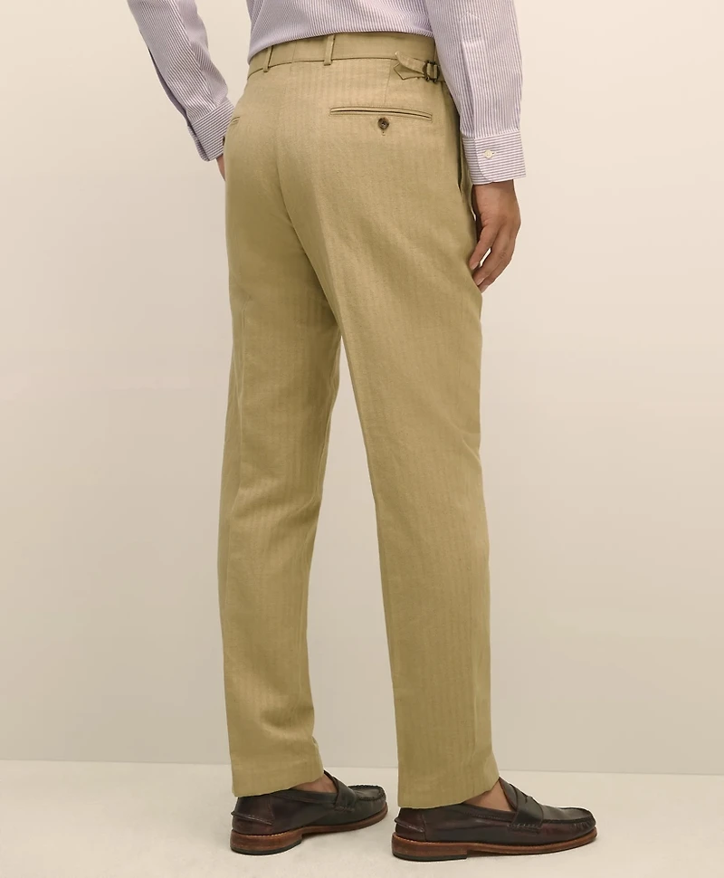 Slim Fit Cotton-Linen Herringbone Single-Pleat Suit Pants