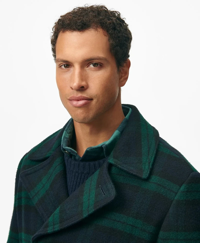 Wool Double-Breasted Black Watch Overcoat