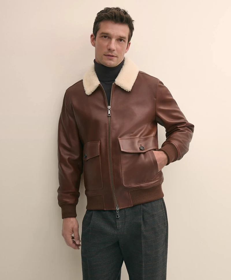 Washed Leather Bomber Jacket With Shearling Collar
