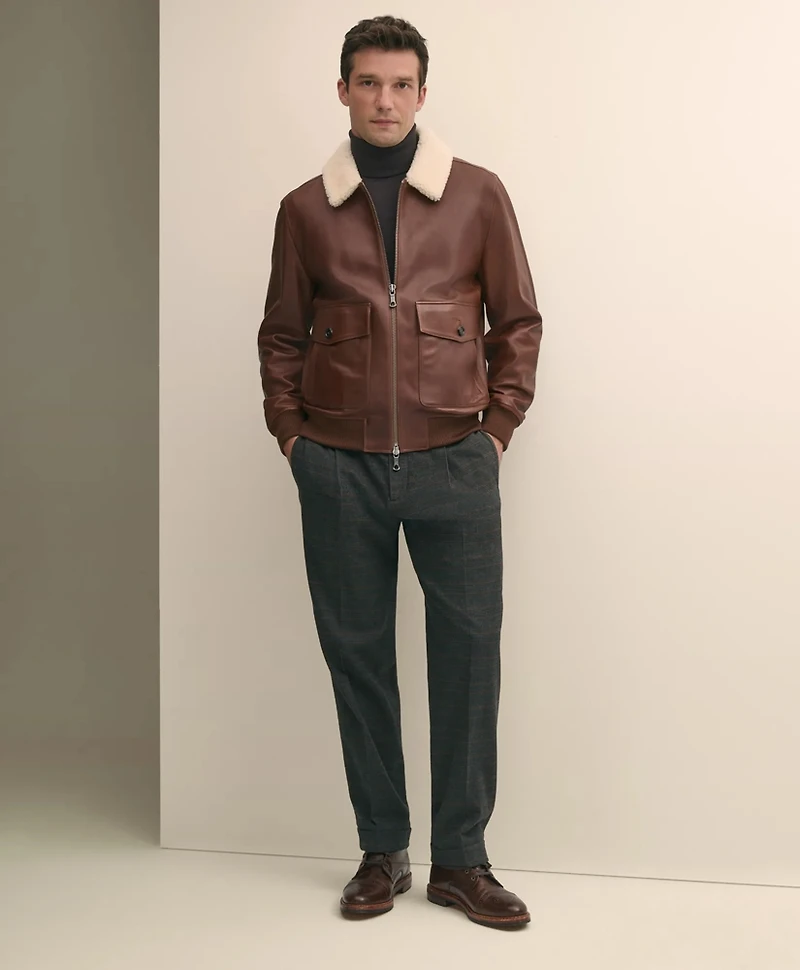 Washed Leather Bomber Jacket With Shearling Collar