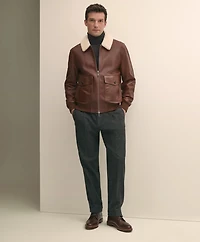 Washed Leather Bomber Jacket With Shearling Collar