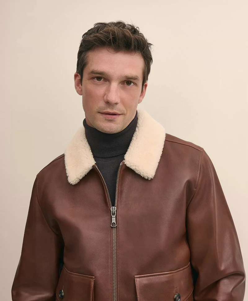 Washed Leather Bomber Jacket With Shearling Collar