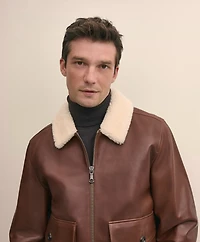 Washed Leather Bomber Jacket With Shearling Collar