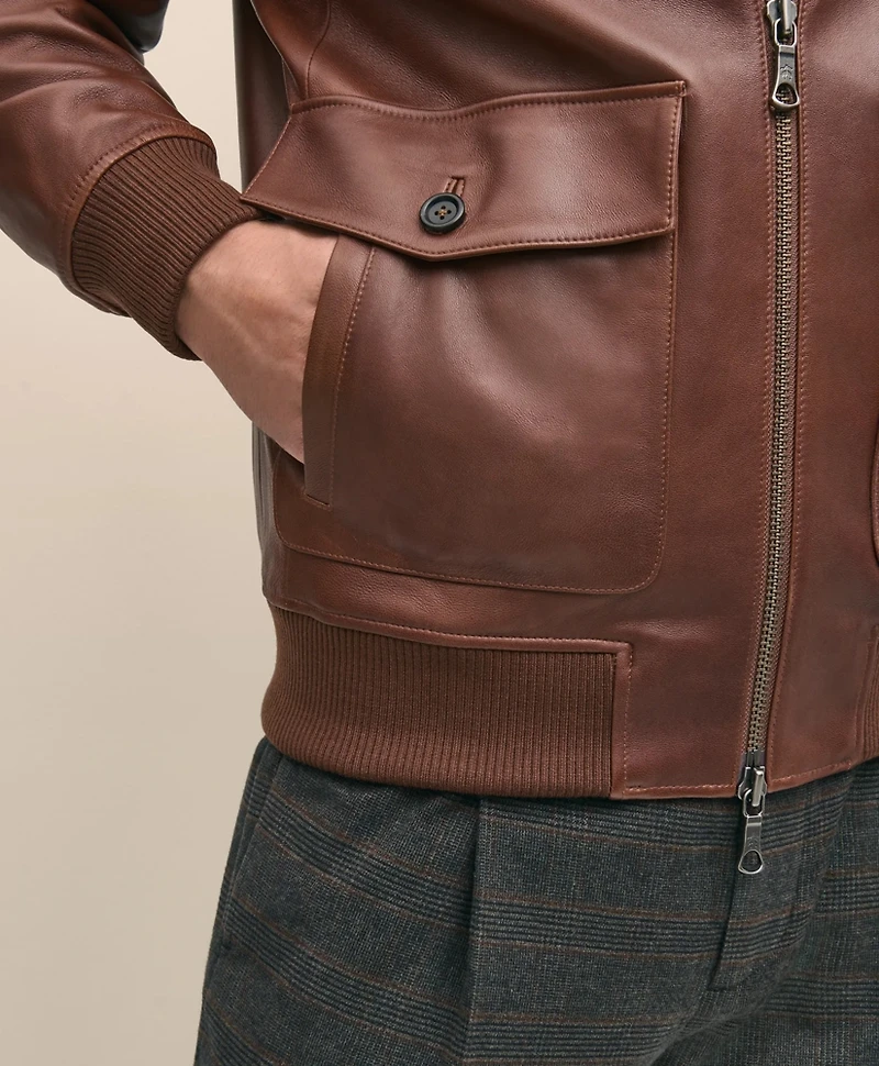 Washed Leather Bomber Jacket With Shearling Collar