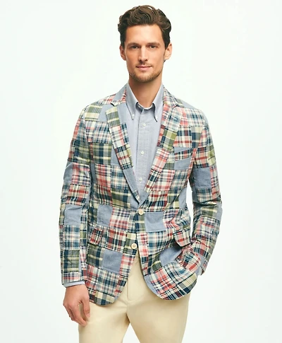 Classic Fit Chambray-Madras Patchwork Sport Coat Cotton