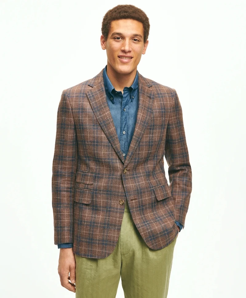 Slim Fit Plaid Hopsack Sport Coat Linen-Wool Blend