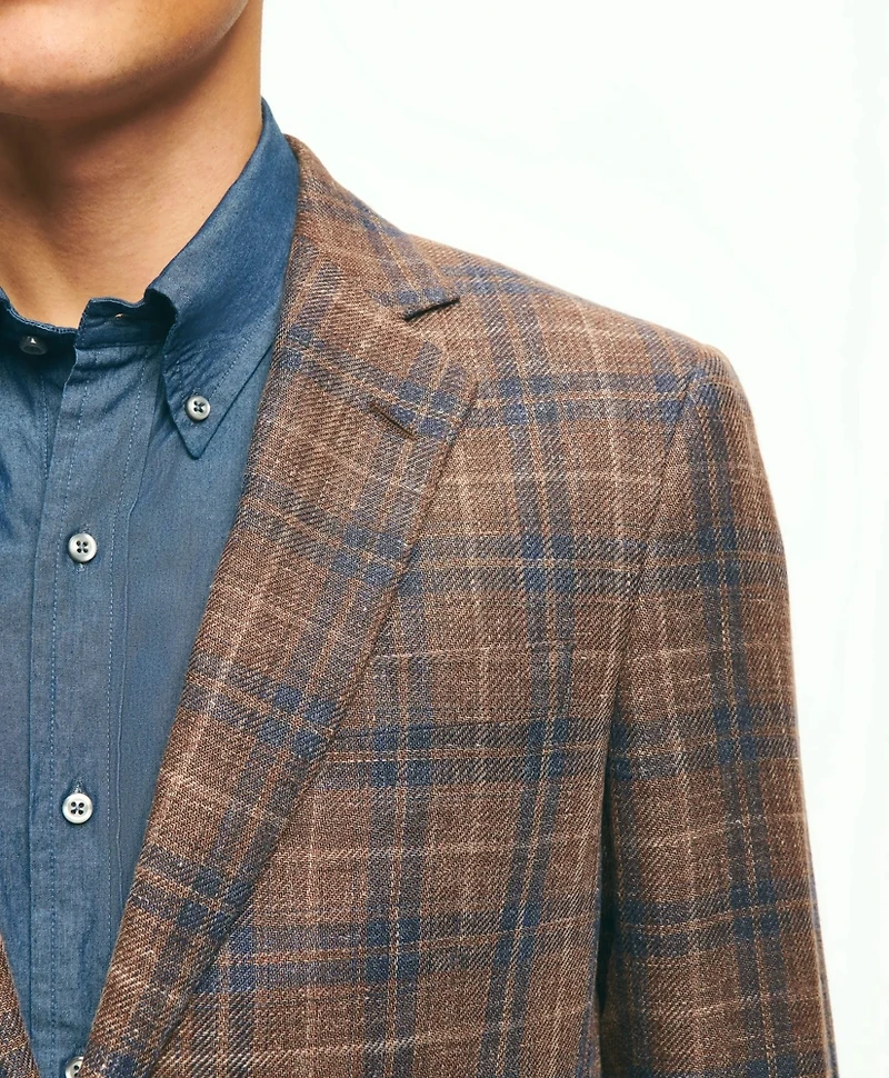 Slim Fit Plaid Hopsack Sport Coat Linen-Wool Blend