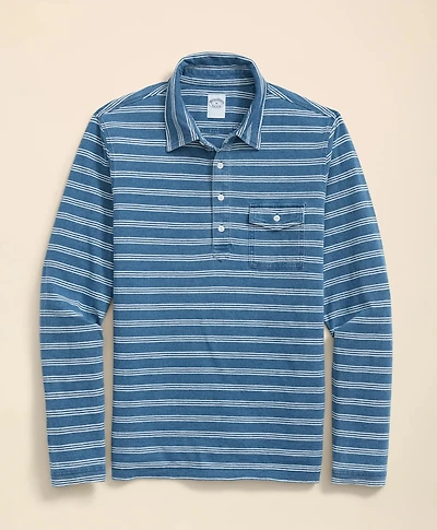Cotton Stripe Indigo Wash Long-Sleeve Polo Shirt