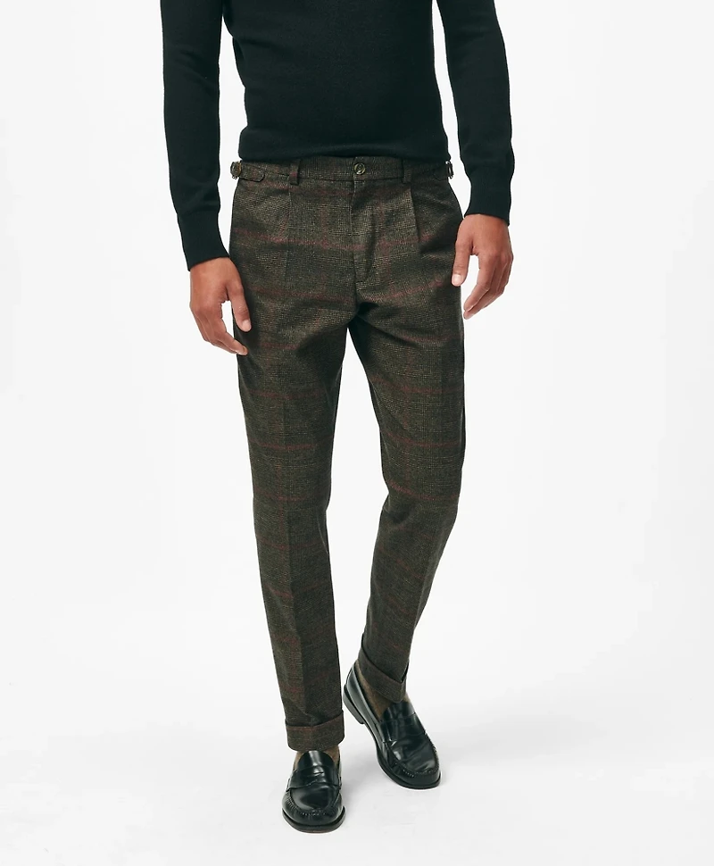 Pleated Side-Tab Pants Check Cotton Blend