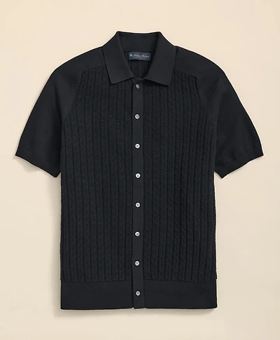 Cotton Cable-Knit Short-Sleeve Polo Sweater