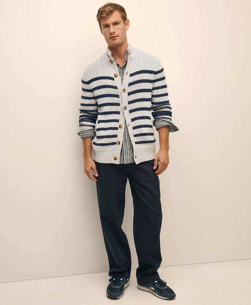 Cotton-Linen Mariner Stripe Mock Neck Cardigan