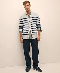 Cotton-Linen Mariner Stripe Mock Neck Cardigan