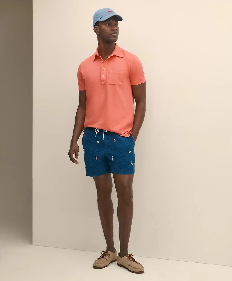 6" Cotton Seersucker Embroidered Lobster Motif Friday Shorts
