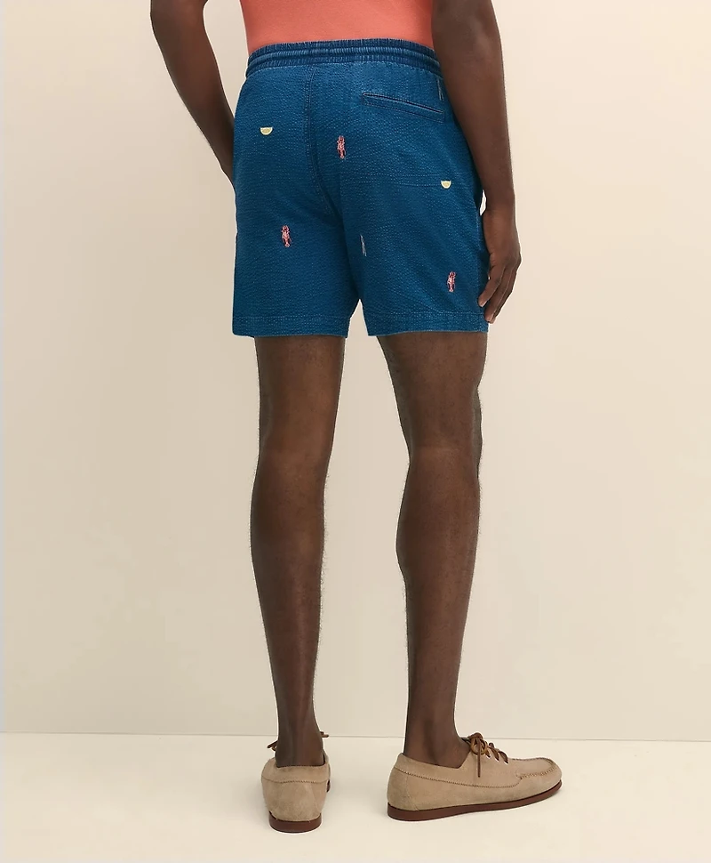 6" Cotton Seersucker Embroidered Lobster Motif Friday Shorts