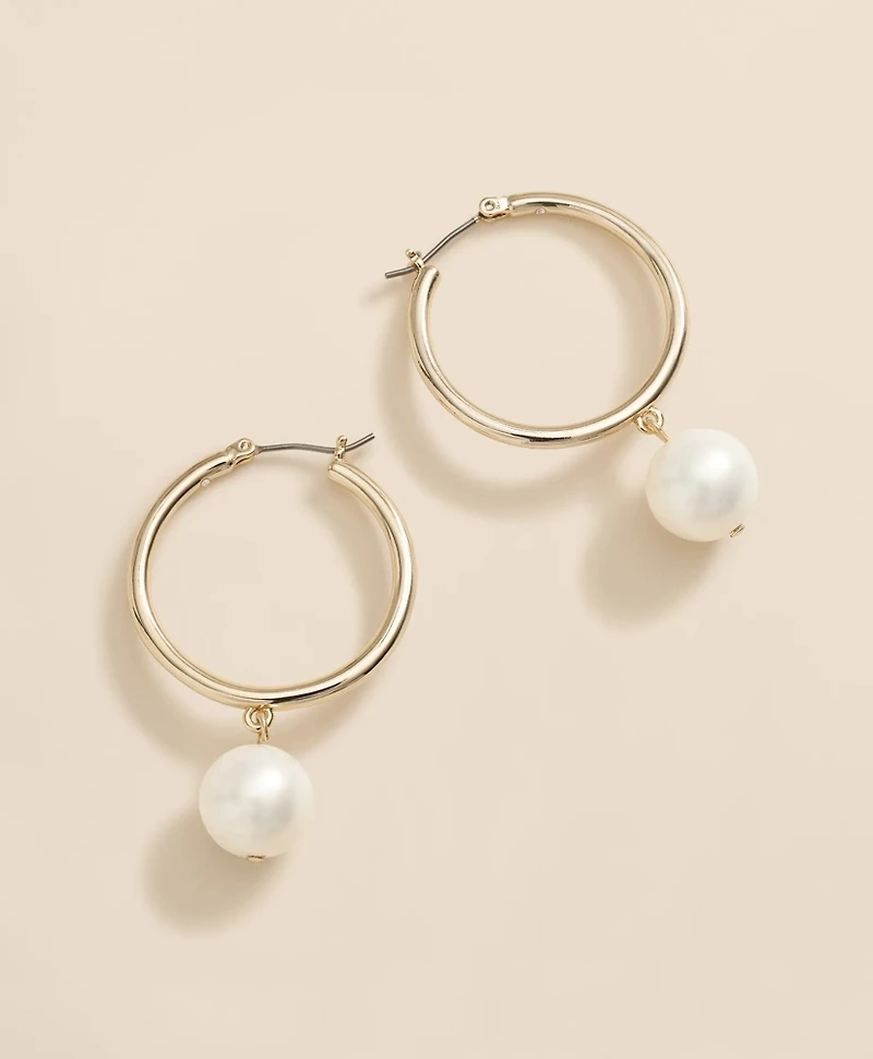 Gold-Tone Faux-Pearl Drop Hoop Earrings