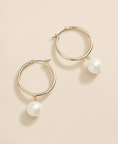 Gold-Tone Faux-Pearl Drop Hoop Earrings