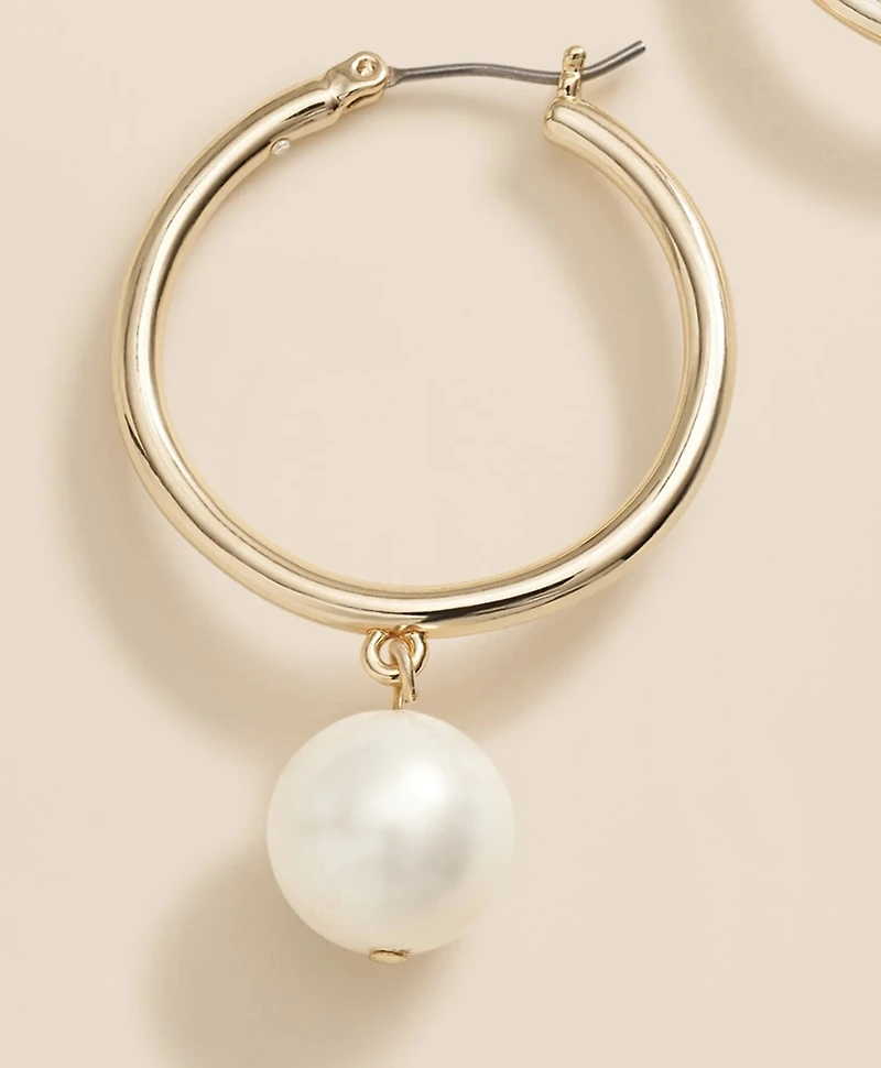 Gold-Tone Faux-Pearl Drop Hoop Earrings
