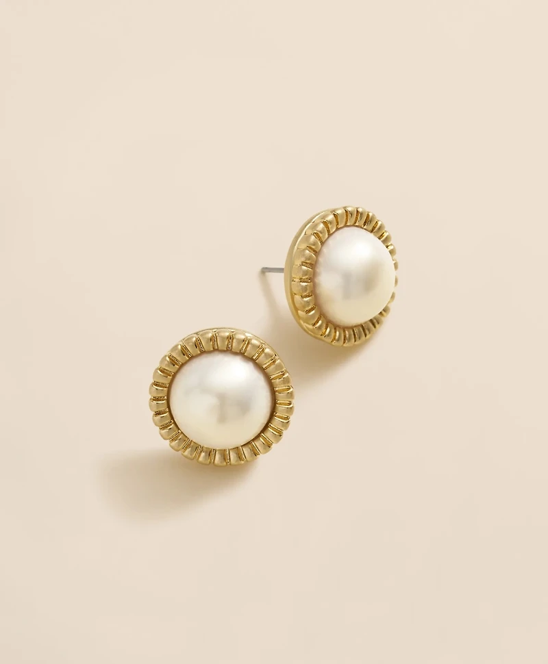 Bezel Frame Faux-Pearl Stud Earrings