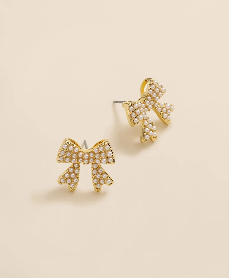 Faux-Pearl Bow Stud Earrings