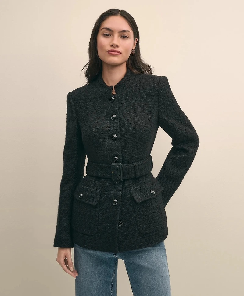 Wool-Blend Military Boucle Belted Jacket
