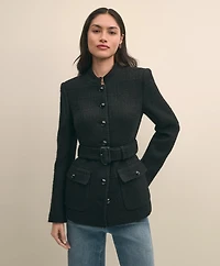 Wool-Blend Military Boucle Belted Jacket