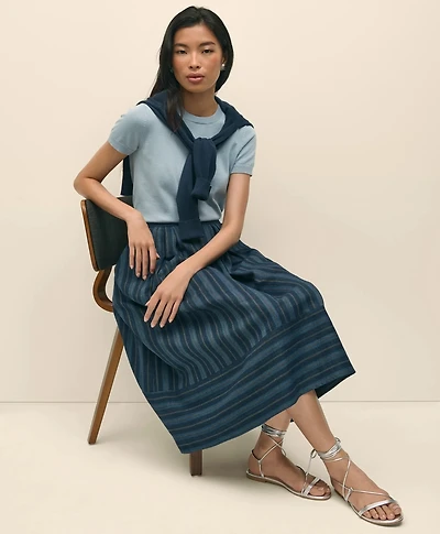 Linen-Cotton Striped Jacquard Pleated Skirt