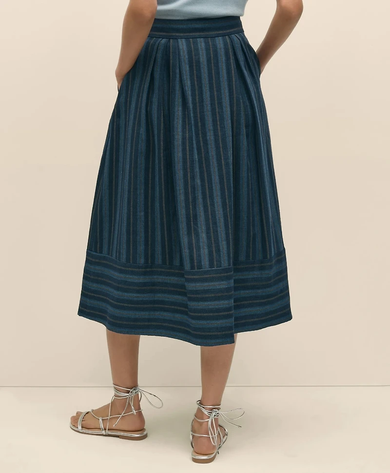 Linen-Cotton Striped Jacquard Pleated Skirt