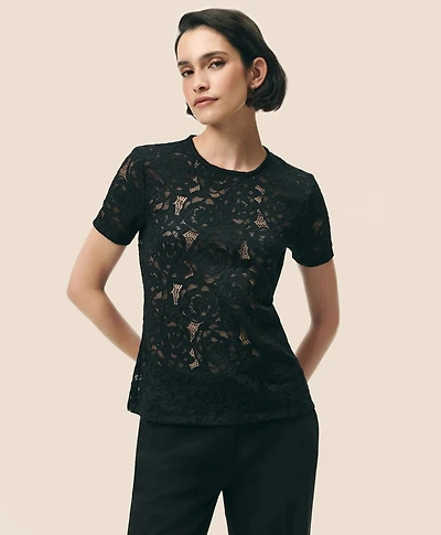 Semi-Sheer Short-Sleeve Top Floral Lace