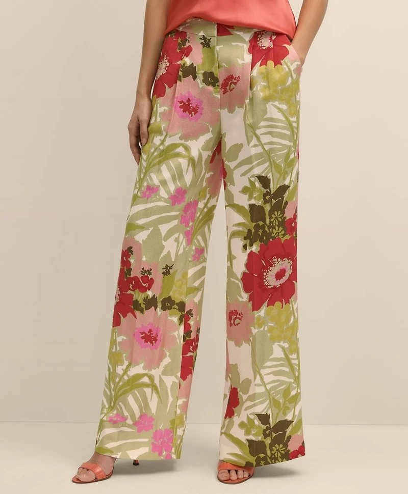 Drapey Linen-Blend Wide-Leg Floral Trousers