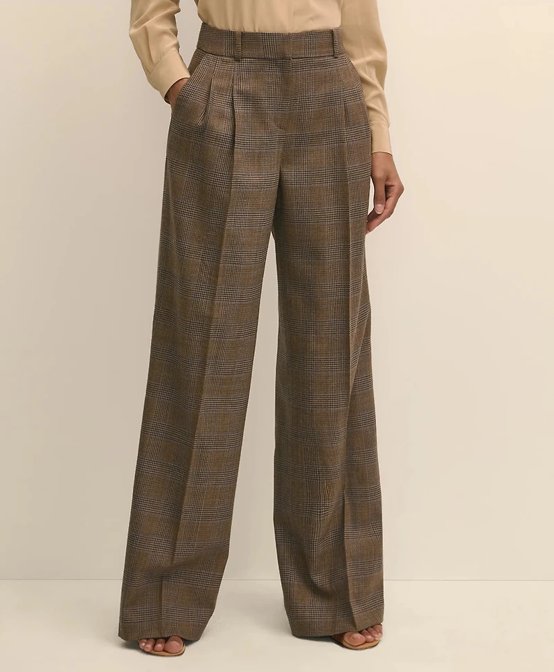 Wool Prince of Wales Plaid Wide-Leg Pants