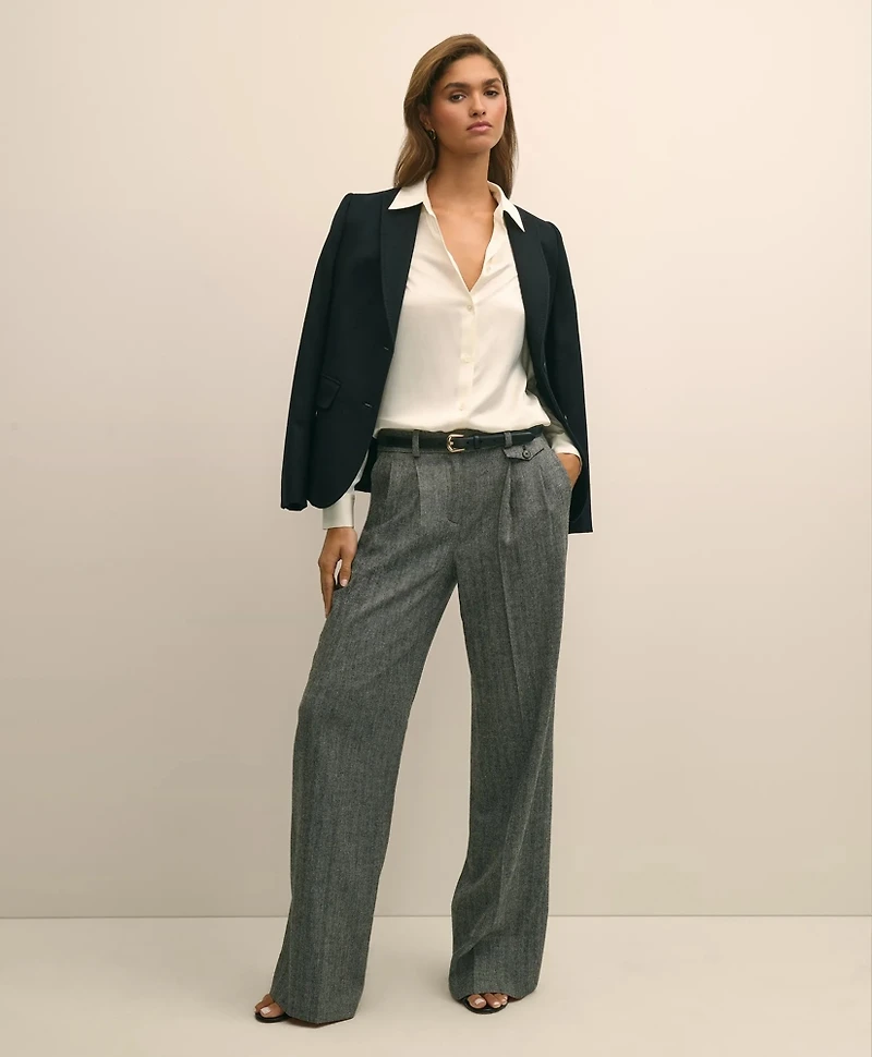 Wool Blend Pleated Herringbone Wide-Leg Pant