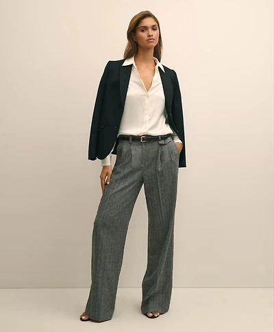 Wool Blend Pleated Herringbone Wide-Leg Pant