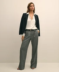 Wool Blend Pleated Herringbone Wide-Leg Pant