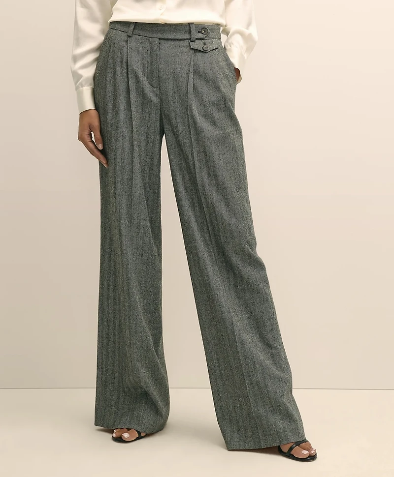 Wool Blend Pleated Herringbone Wide-Leg Pant