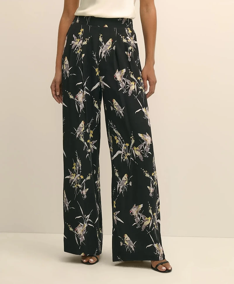 Easy Fit, Elastic Back Wide-Leg Soft Bird Print Pants