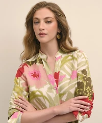 Linen Blend Floral Drapey Shirt