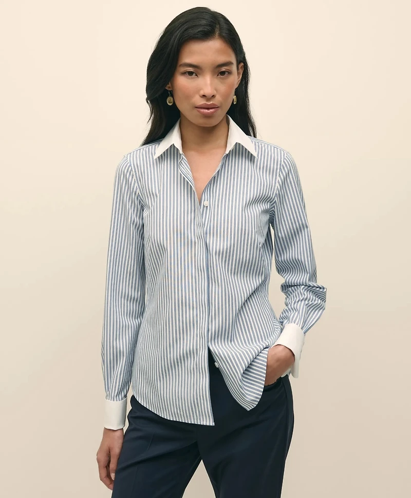 Fitted Non-Iron Supima<sup>®</sup> Cotton-Blend Striped Contrast Shirt with French Cuffs