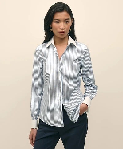 Fitted Non-Iron Supima<sup>®</sup> Cotton-Blend Striped Contrast Shirt with French Cuffs