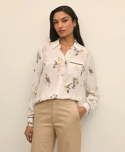 Crepe Tipped Soft Blouse Bird Print