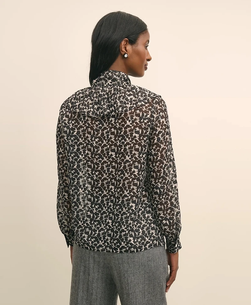 Leaf-Print Jacquard Bow-Neck Blouse