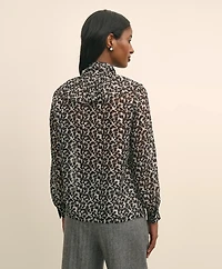 Leaf-Print Jacquard Bow-Neck Blouse