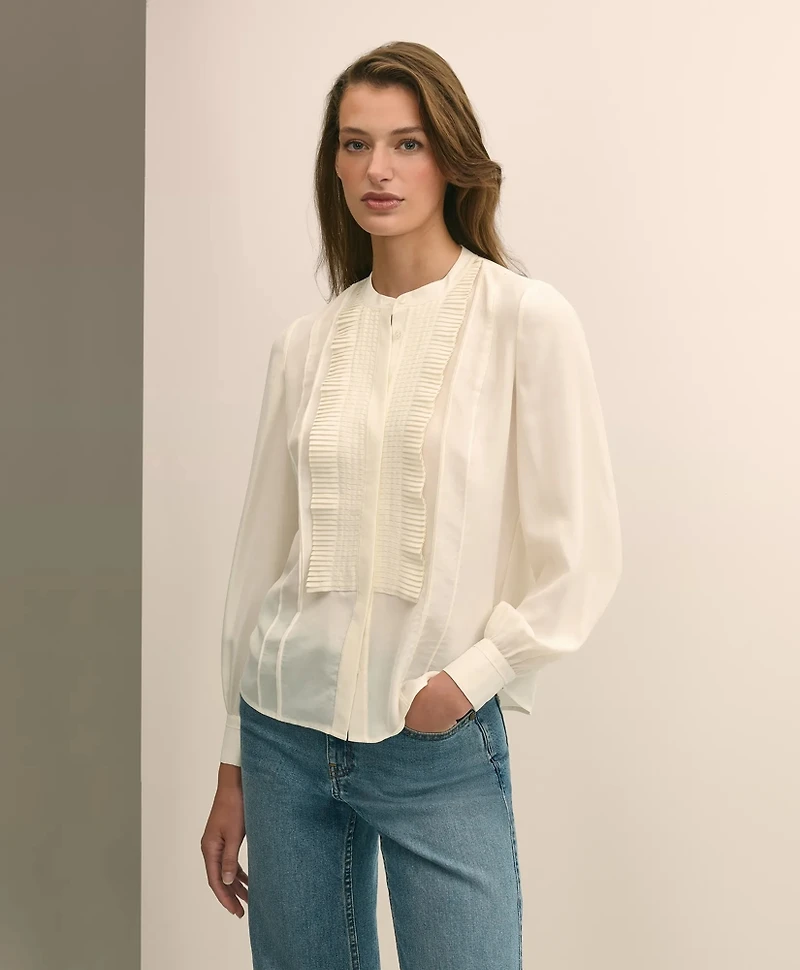 Silk Haboti Pintucked Band-Collar Blouse