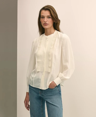 Silk Haboti Pintucked Band-Collar Blouse