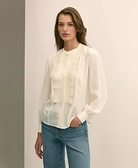 Silk Haboti Pintucked Band-Collar Blouse