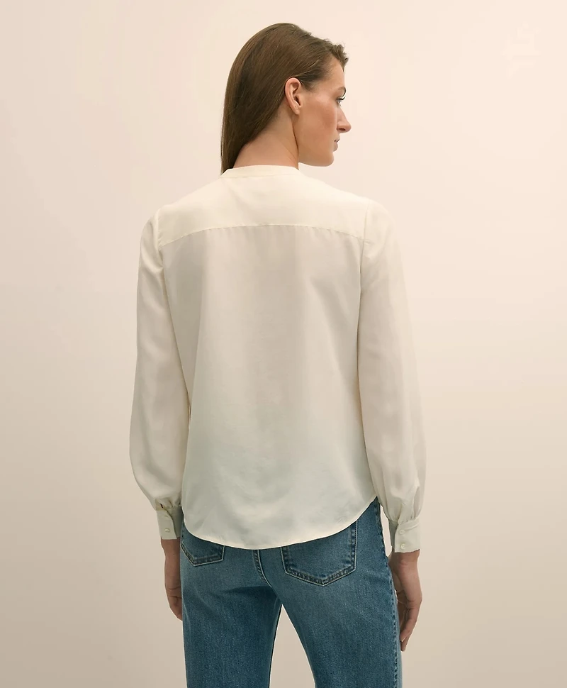 Silk Haboti Pintucked Band-Collar Blouse