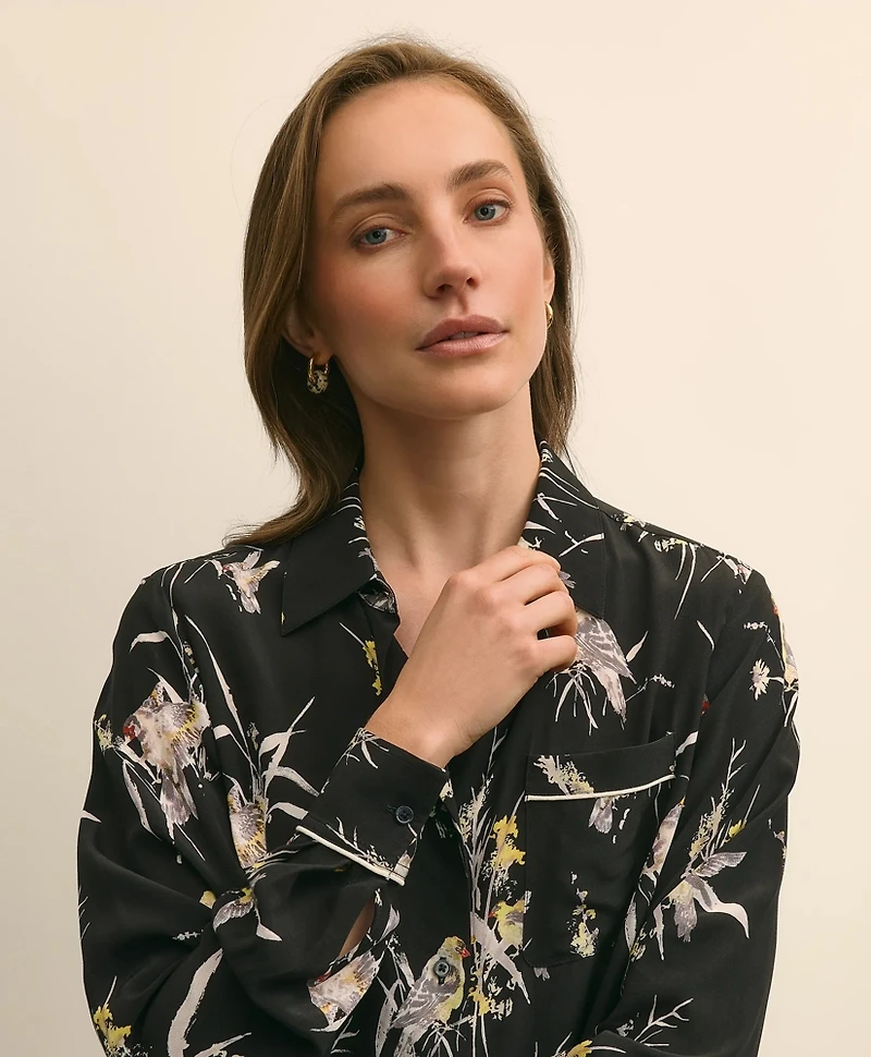 Crepe Viscose Relaxed Bird-Print Blouse